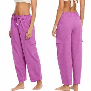 New Sanctuary - L Women's Barrel-Leg Cover-Up Cargo Pants Drawstring Fuchsia $79